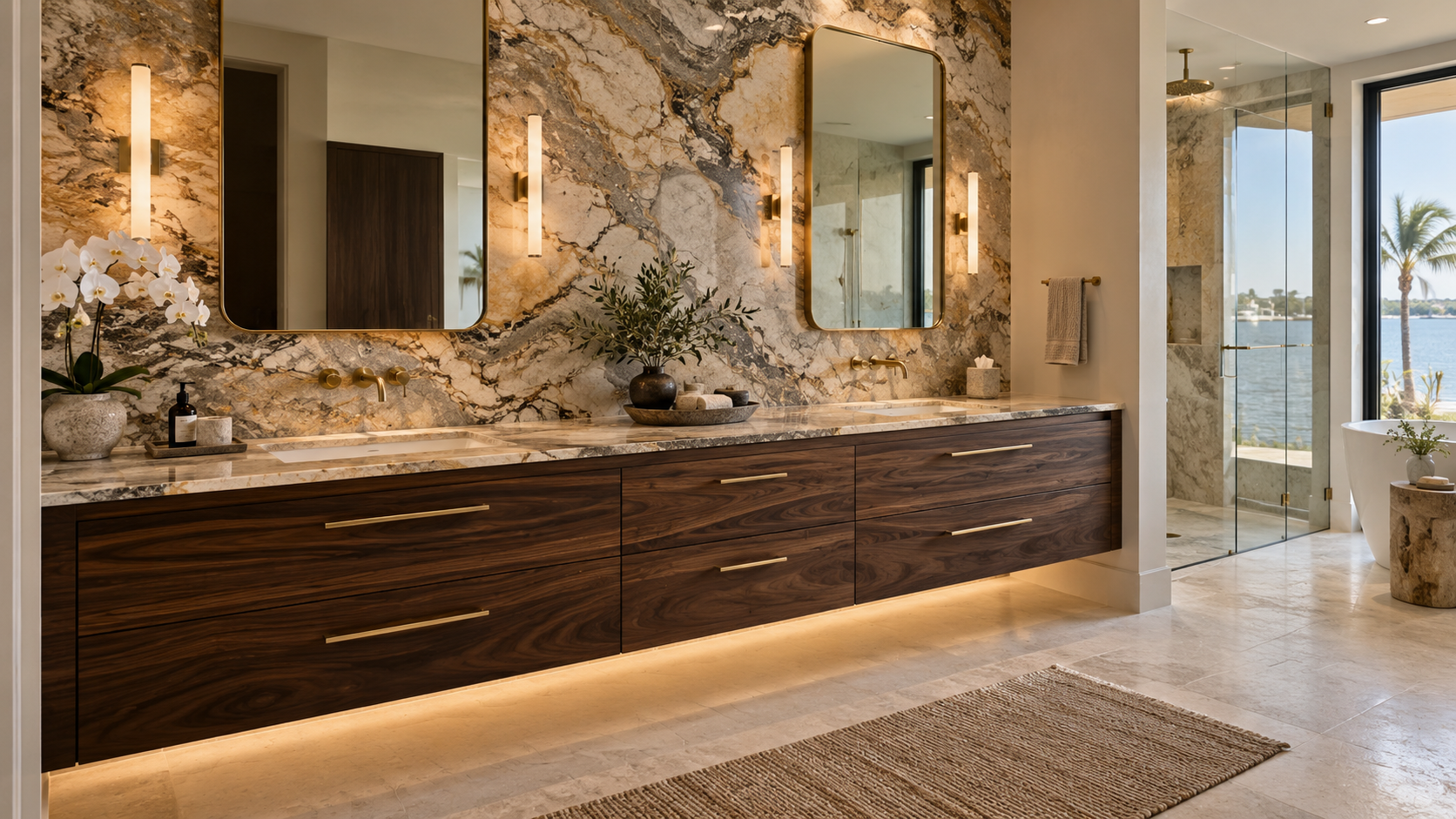 Luxury bathroom with exotic natural stone, custom floating vanity cabinetry, and warm brass details
