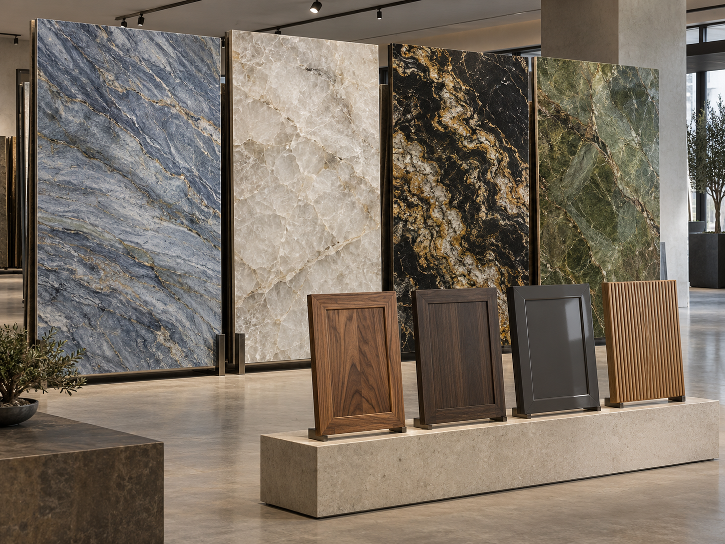 Selection of exotic granite and quartzite slabs with specialty cabinet finishes