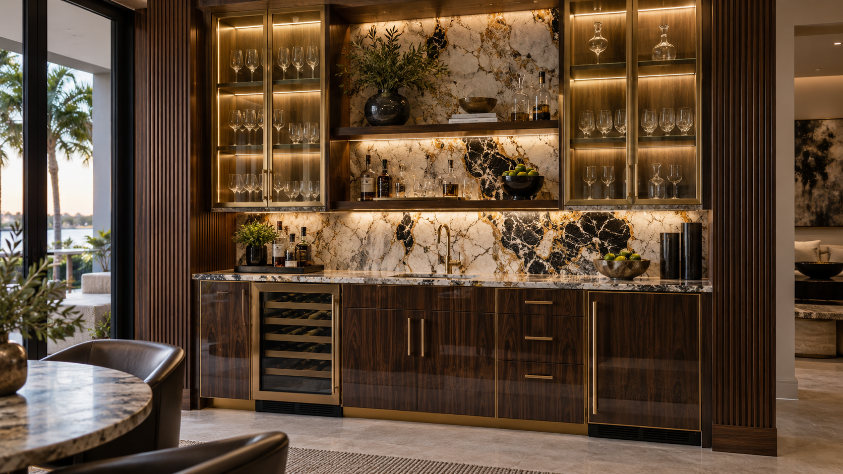 Bespoke home bar cabinetry with Patagonia quartzite