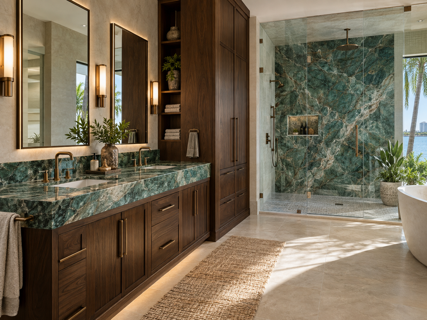 Walnut bathroom cabinetry with exotic green-blue natural stone